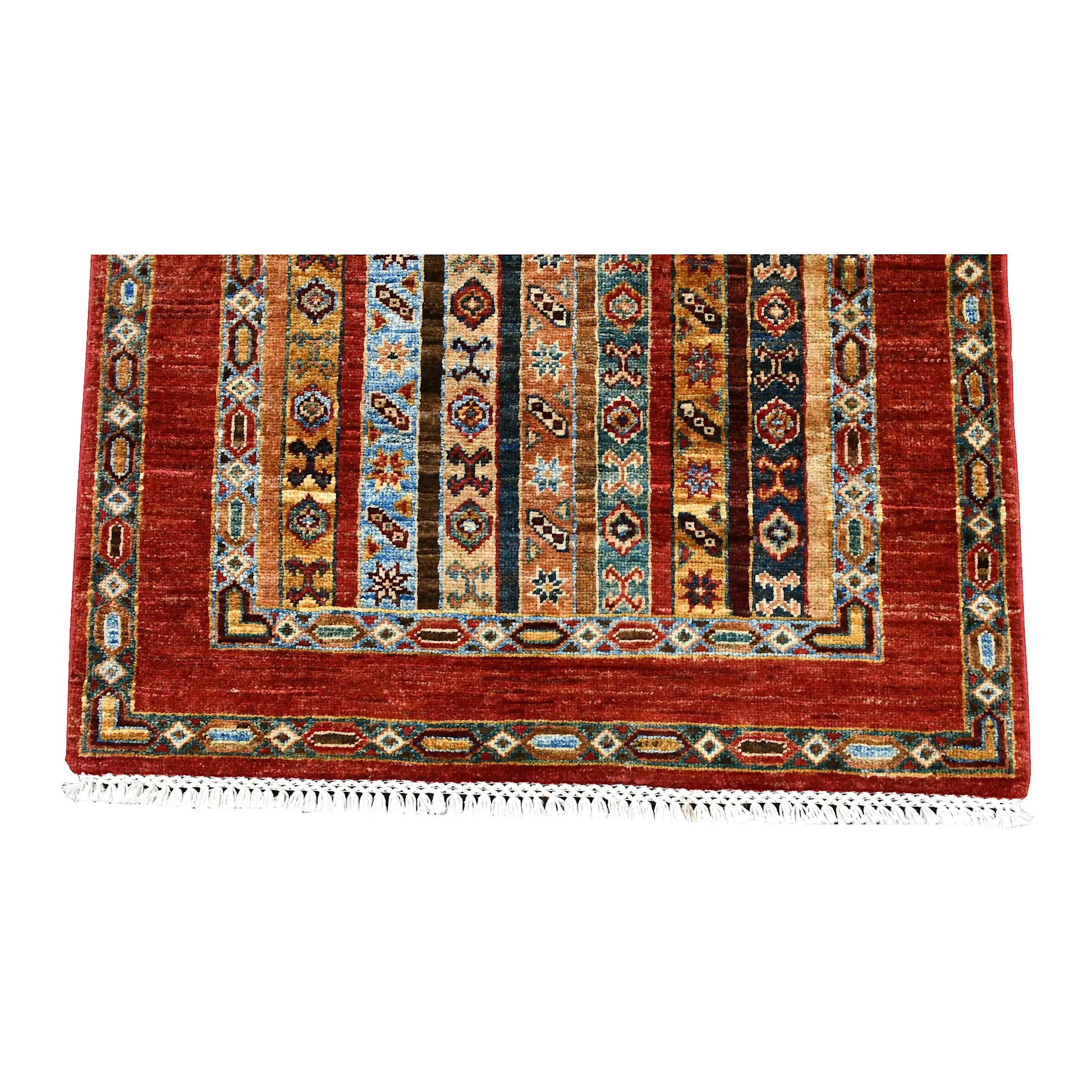 Overhead end section of Afghan Khurjeen runner showing geometric stripes, layered borders and fringe