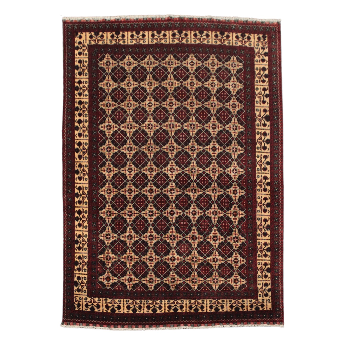 Full view of Afghan Kunduz hand-knotted wool rug with maroon floral guls, warm beige field and layered borders, 286 x 203 cm