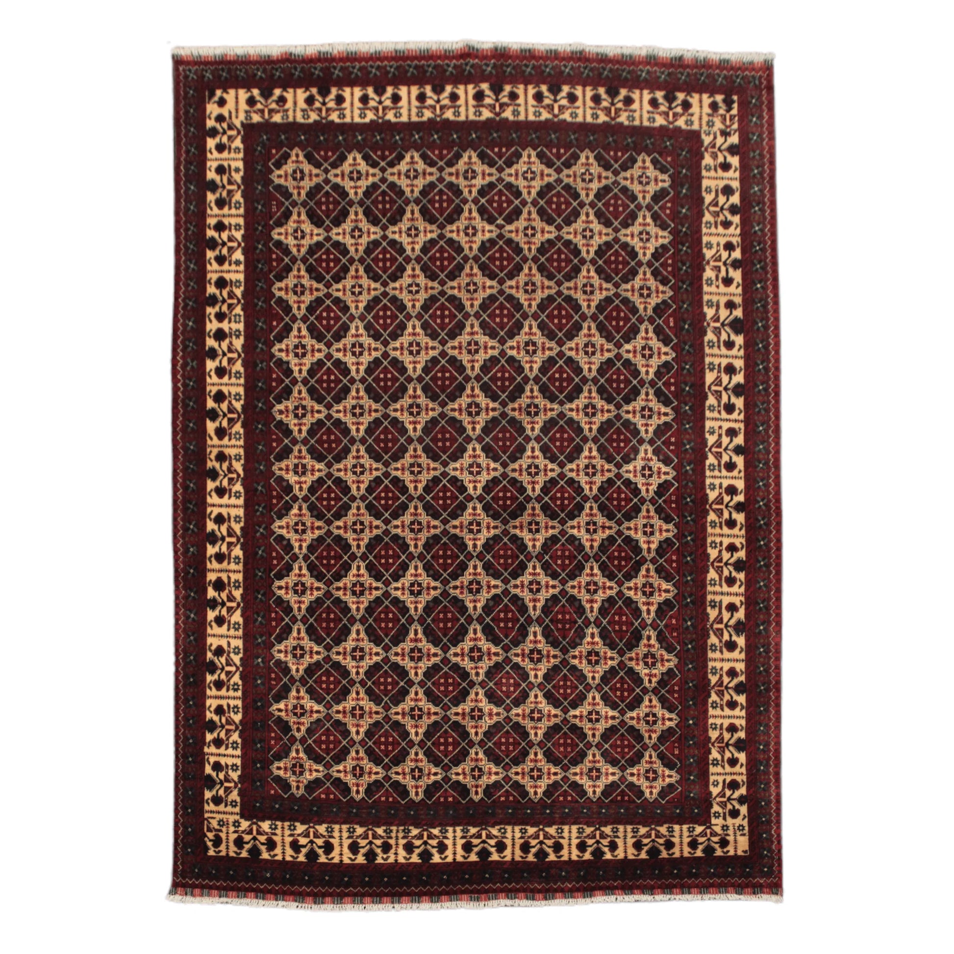 Full view of Afghan Kunduz hand-knotted wool rug with maroon floral guls, warm beige field and layered borders, 286 x 203 cm