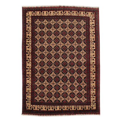 Full view of Afghan Kunduz hand-knotted wool rug with maroon floral guls, warm beige field and layered borders, 286 x 203 cm