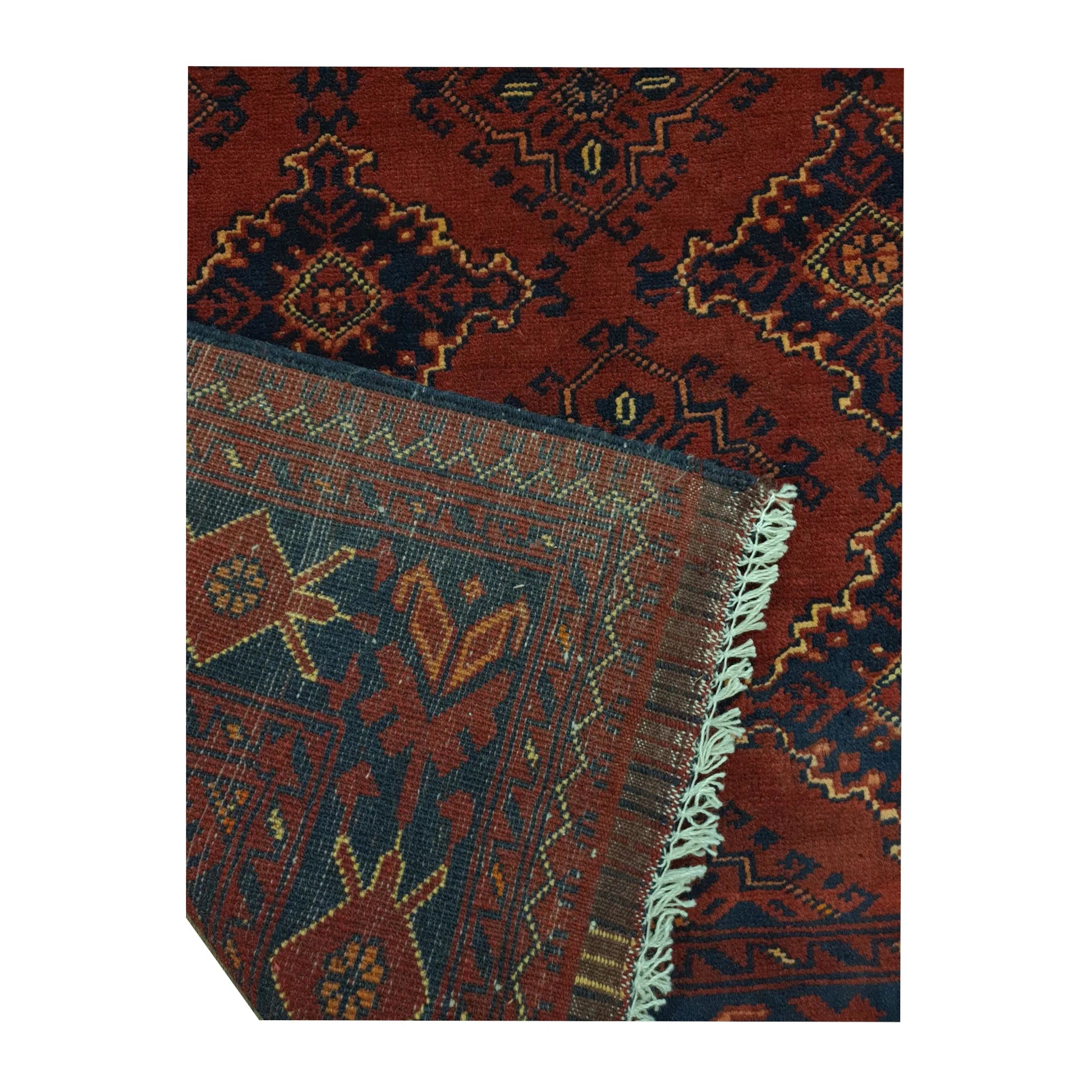 Reverse weave detail of Afghan Kunduz hand-knotted wool runner rug showing back construction and edge finish