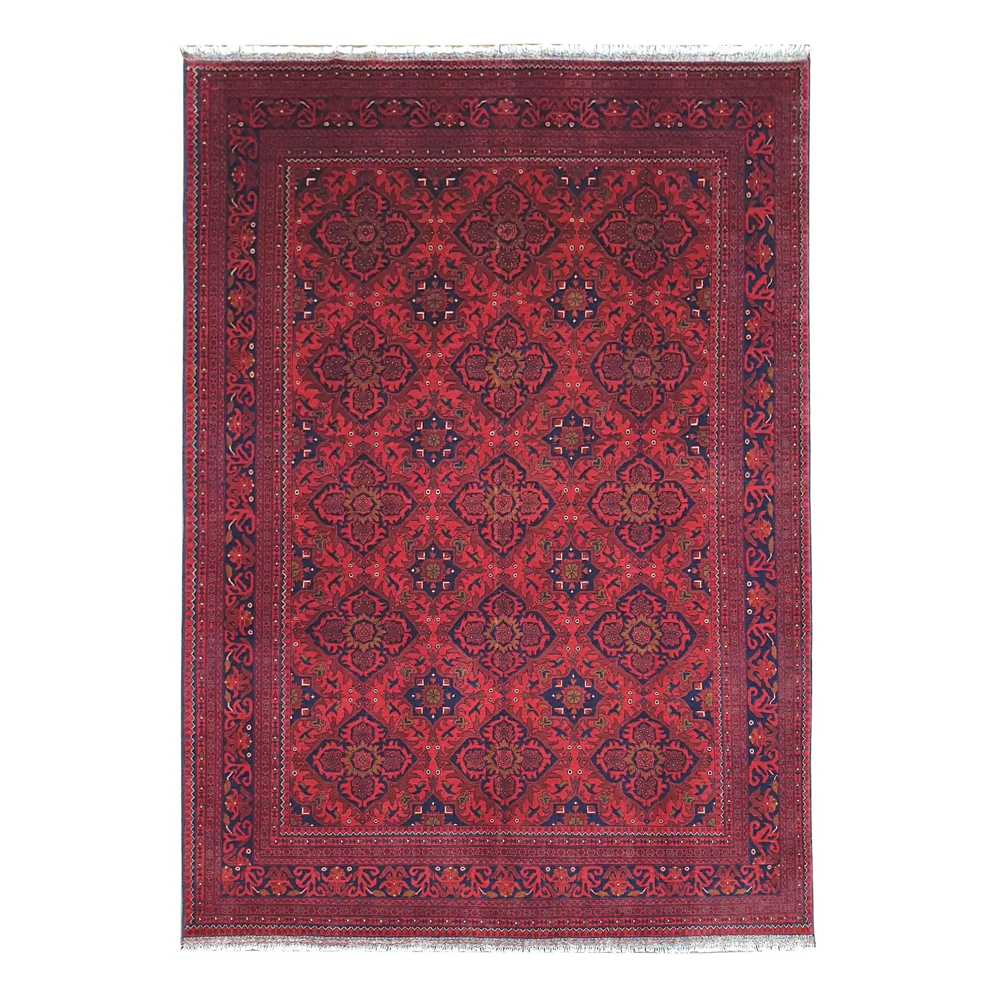 Afghan Kunduz rug 286 x 200 cm full view with deep red floral lattice, dark border and fringe
