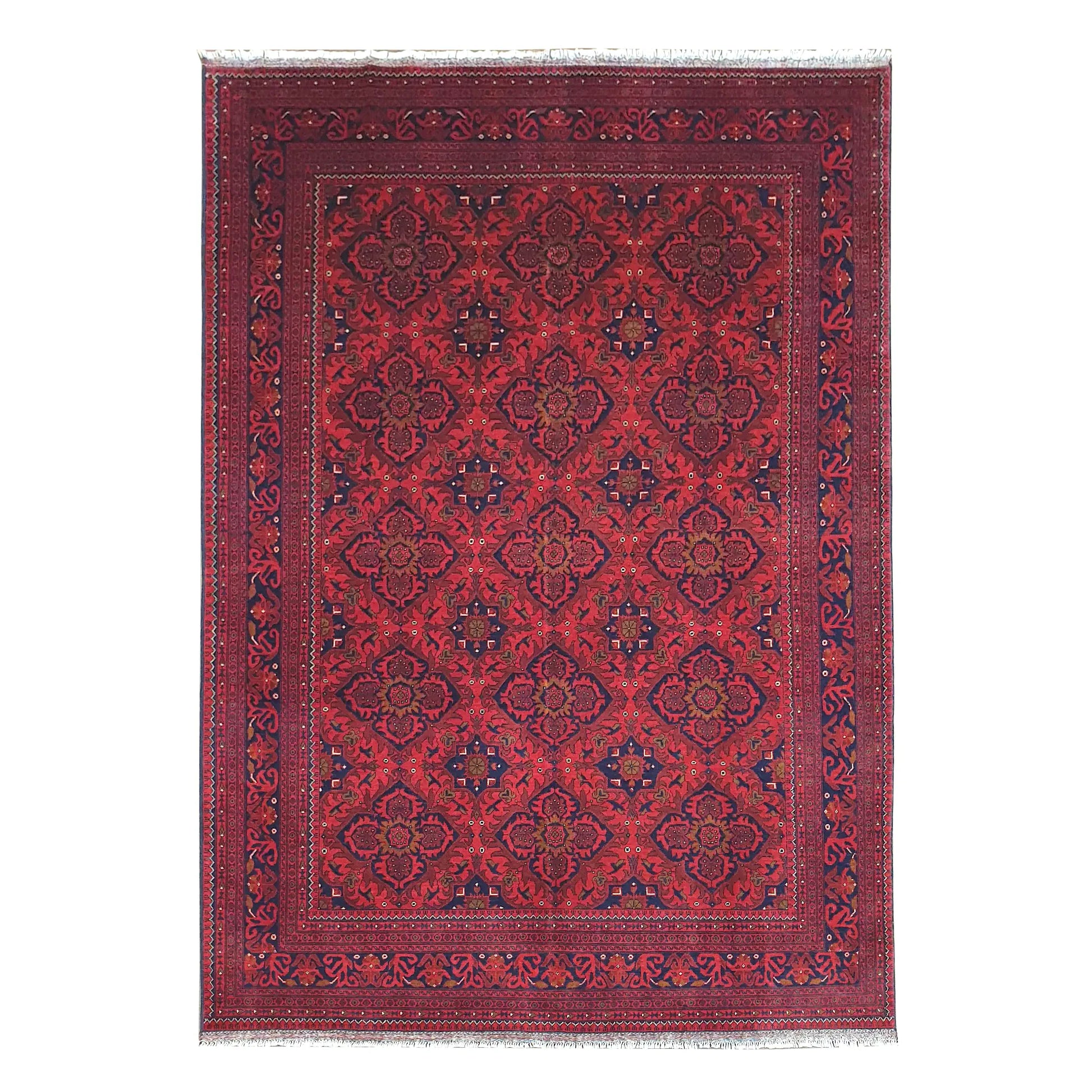 Afghan Kunduz rug 286 x 200 cm full view with deep red floral lattice, dark border and fringe