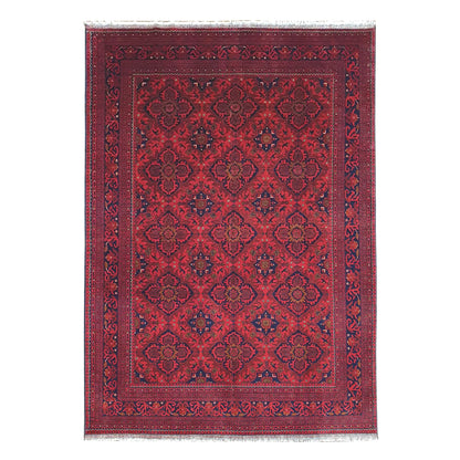 Afghan Kunduz rug 286 x 200 cm full view with deep red floral lattice, dark border and fringe