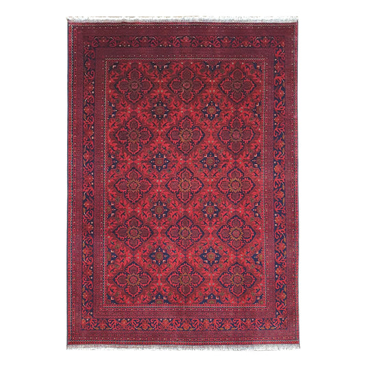 Afghan Kunduz rug 286 x 200 cm full view with deep red floral lattice, dark border and fringe