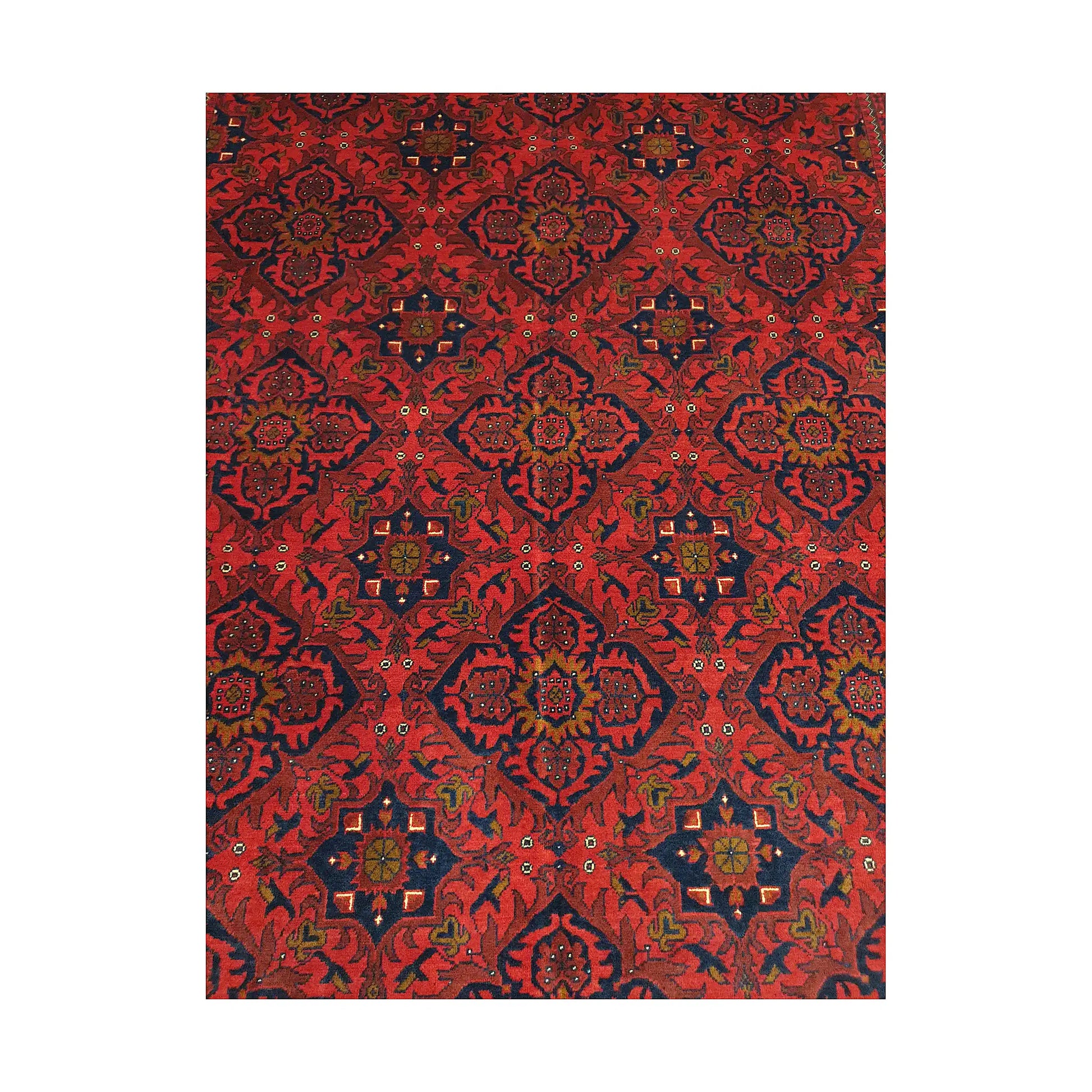 Close-up of Afghan Kunduz rug showing deep red floral lattice with navy, blue, ivory and charcoal details