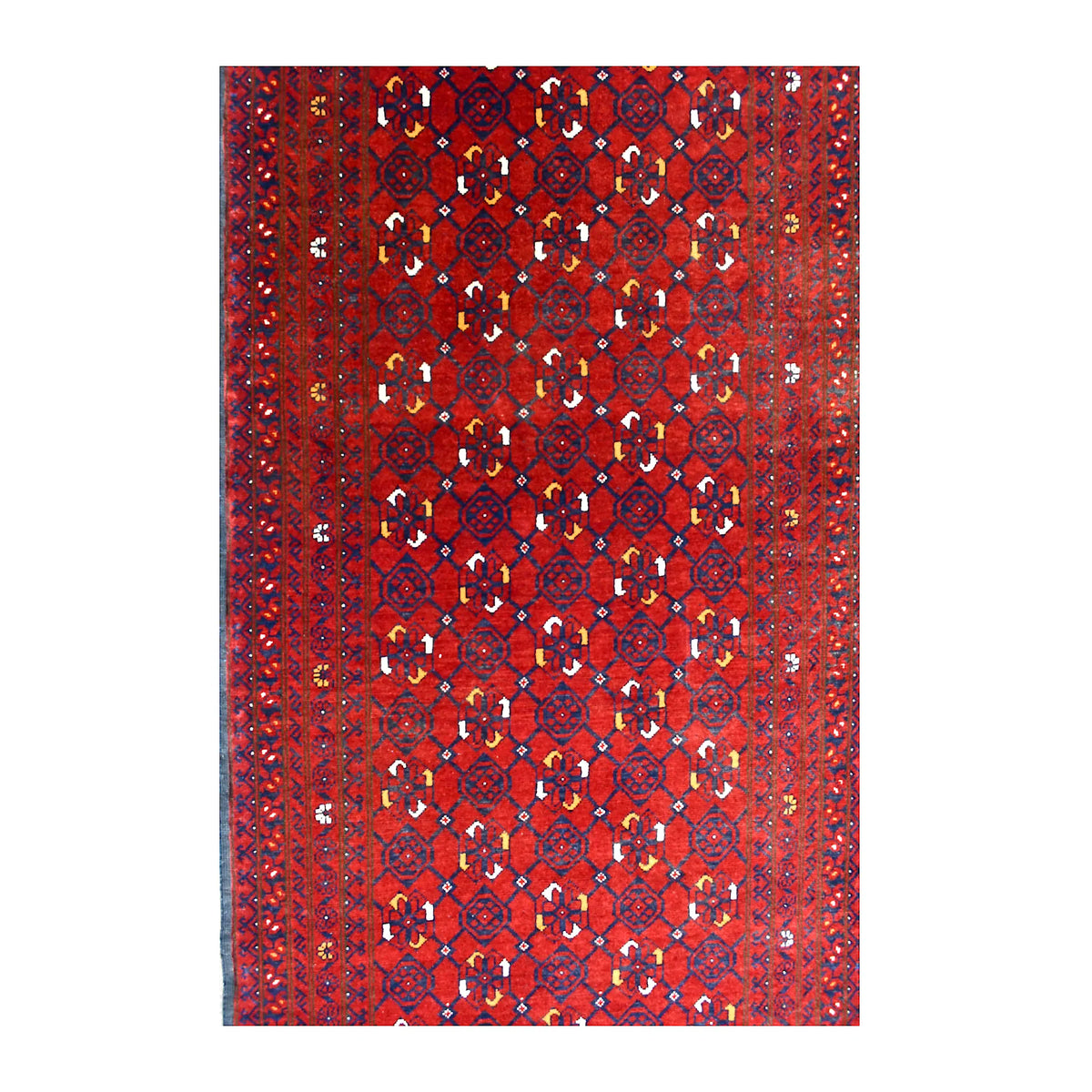 Field detail of Afghan Kunduz wool runner showing an all-over diamond lattice with red, navy, ivory and ochre motifs
