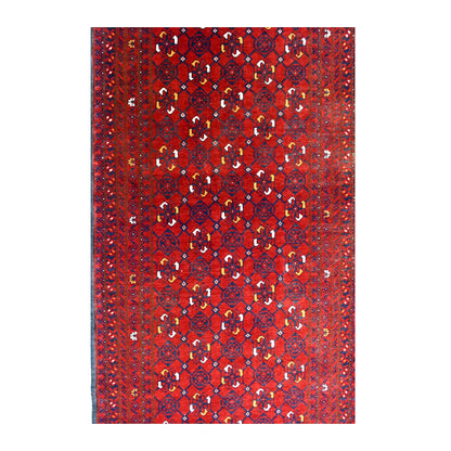 Field detail of Afghan Kunduz wool runner showing an all-over diamond lattice with red, navy, ivory and ochre motifs