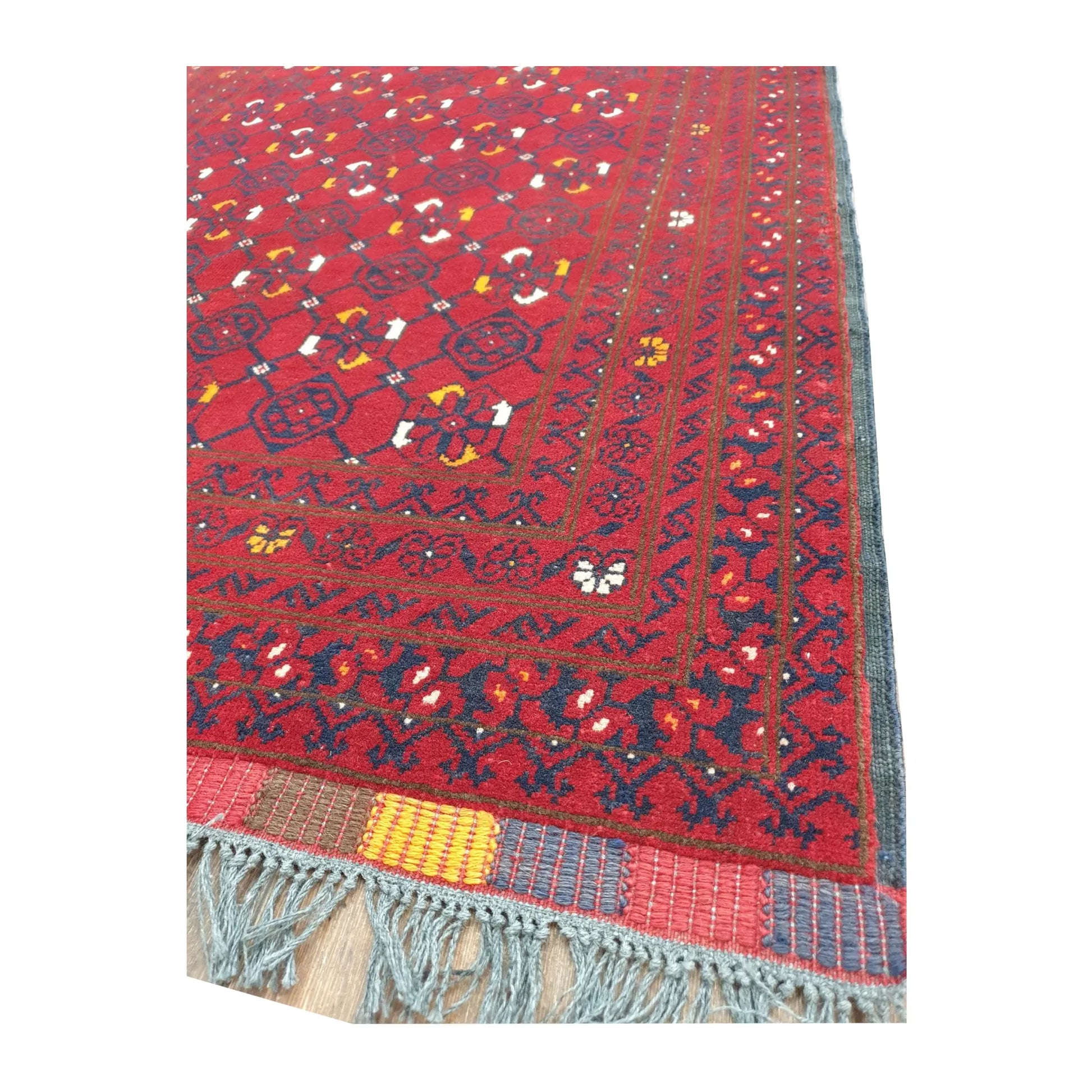 Border and fringe detail of Afghan Kunduz wool runner rug in red and navy tones, 285 x 85 cm