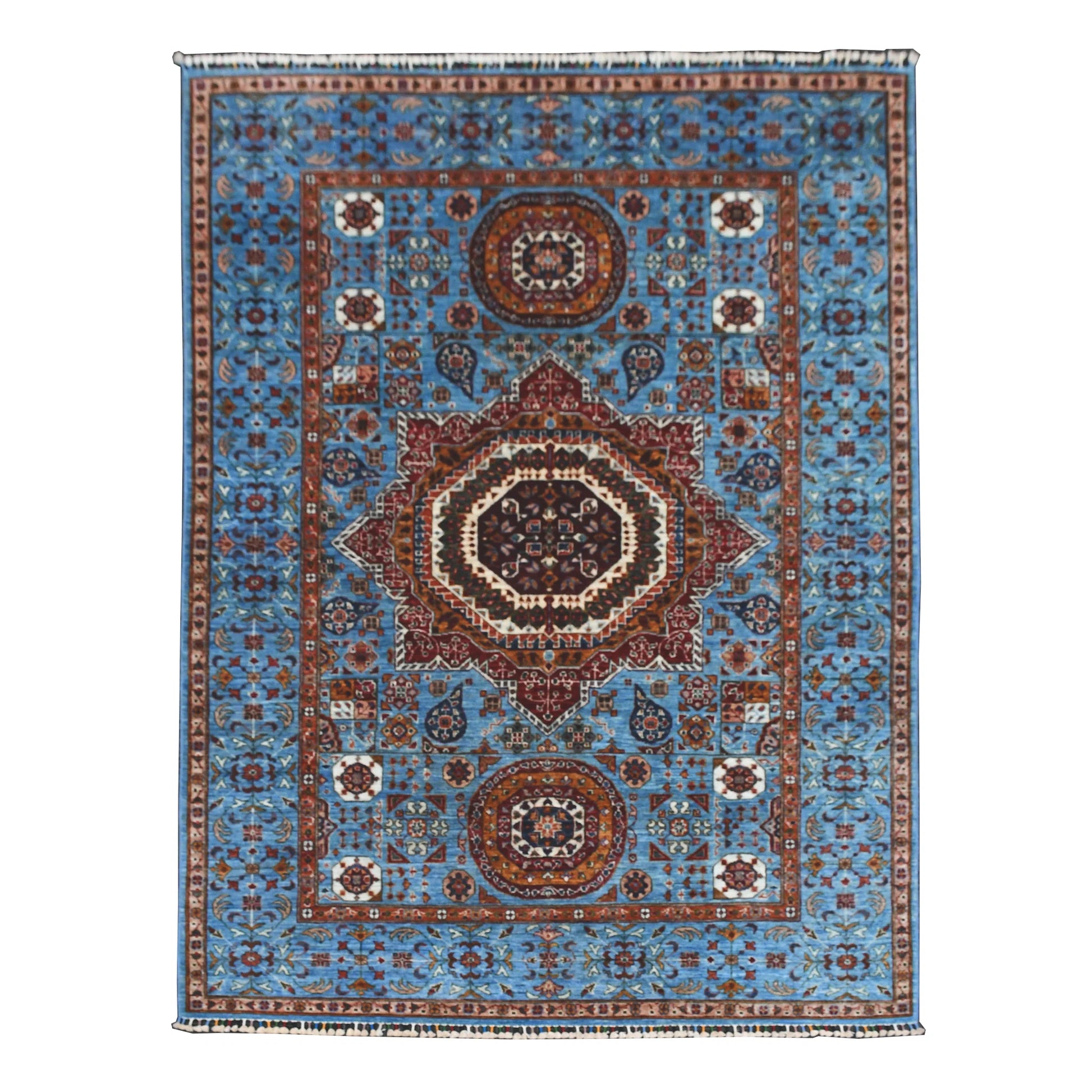 Full view of Afghan Mamluk hand-knotted wool rug with sky-blue field, central medallion and patterned borders, 248 x 176 cm