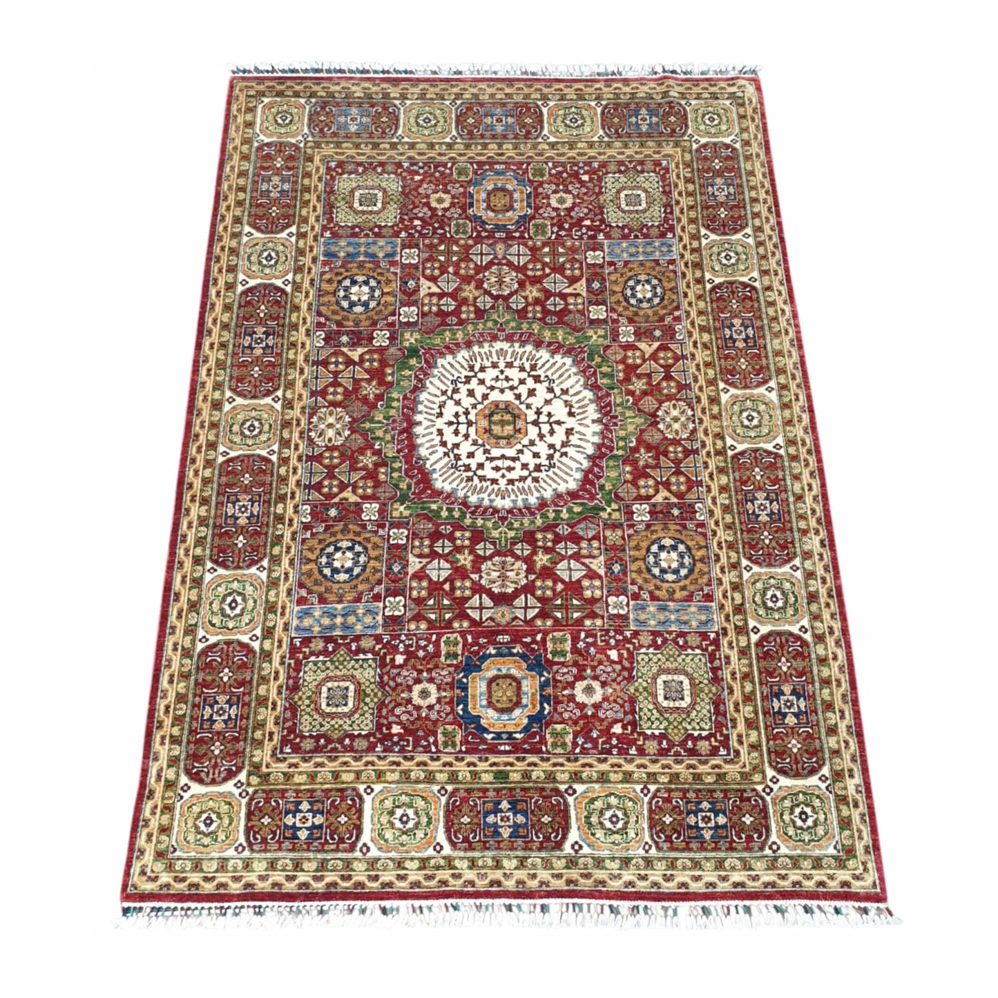 Angled view of Afghan Mamluk wool rug with geometric motifs and patterned borders, 283 x 206 cm