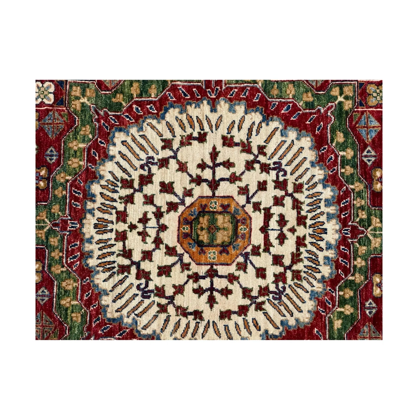 Central medallion detail of Afghan Mamluk wool rug with cream and green accents, 283 x 206 cm