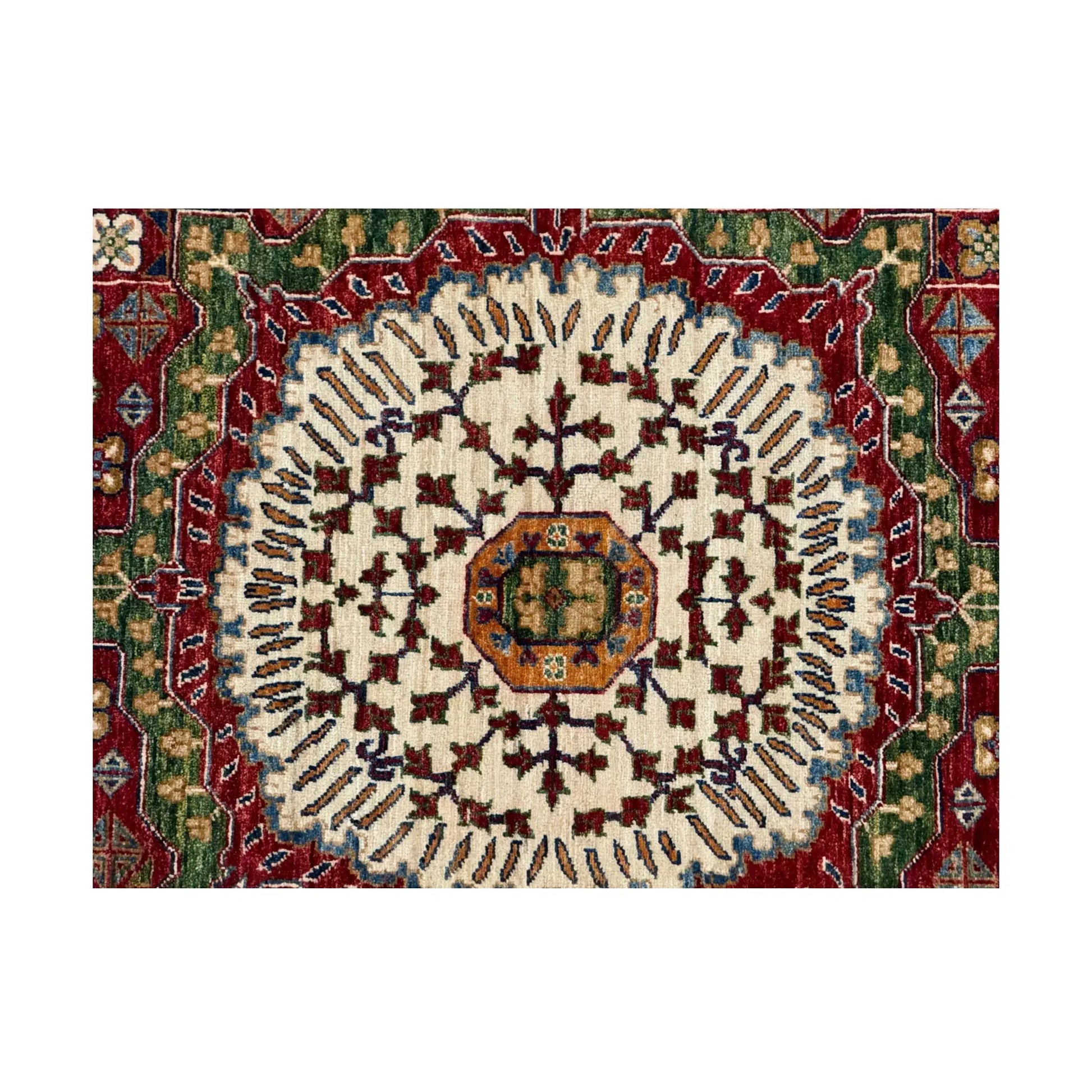 Central medallion detail of Afghan Mamluk wool rug with cream and green accents, 283 x 206 cm
