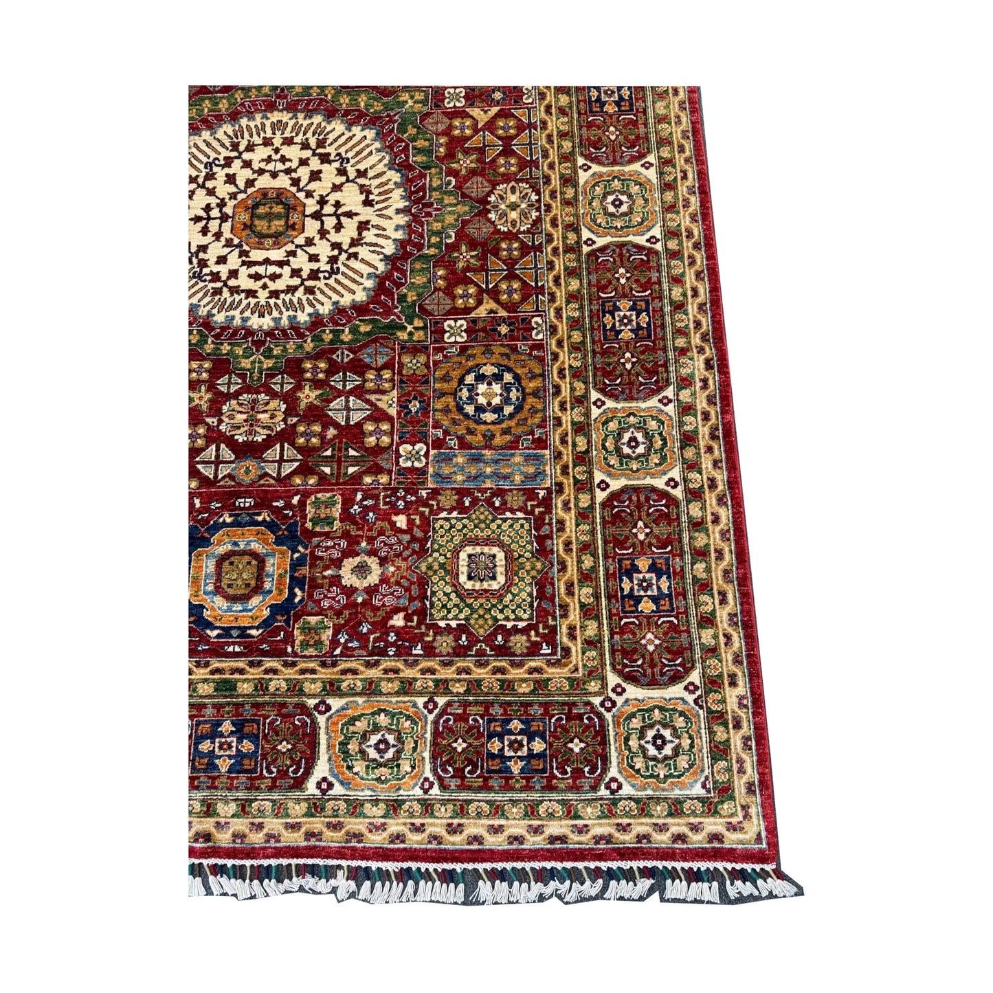 Corner-border detail of Afghan Mamluk wool rug with red field and patterned frame, 283 x 206 cm