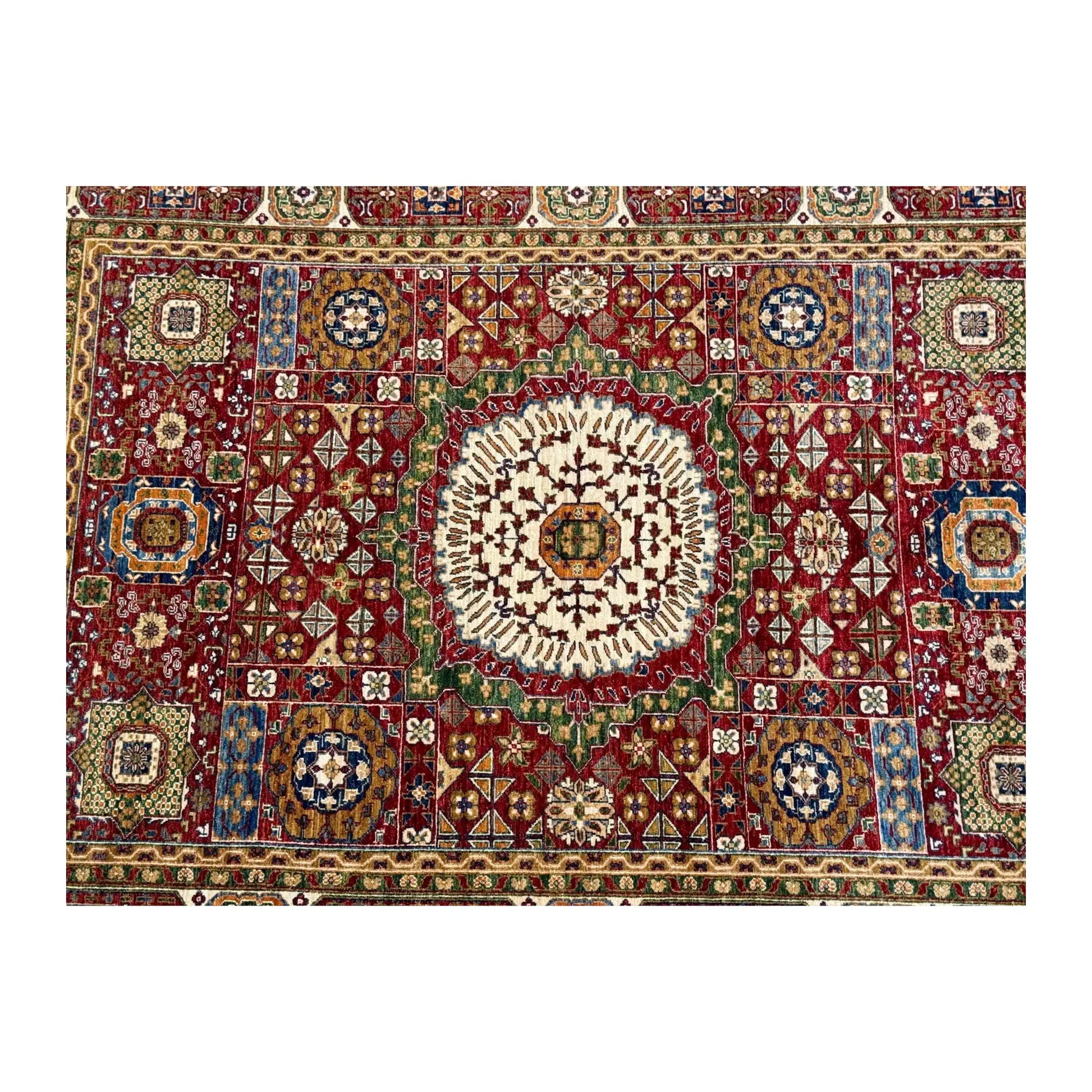 Field and border detail of Afghan Mamluk wool rug with red, cream and gold motifs, 283 x 206 cm