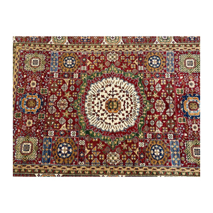 Field and border detail of Afghan Mamluk wool rug with red, cream and gold motifs, 283 x 206 cm