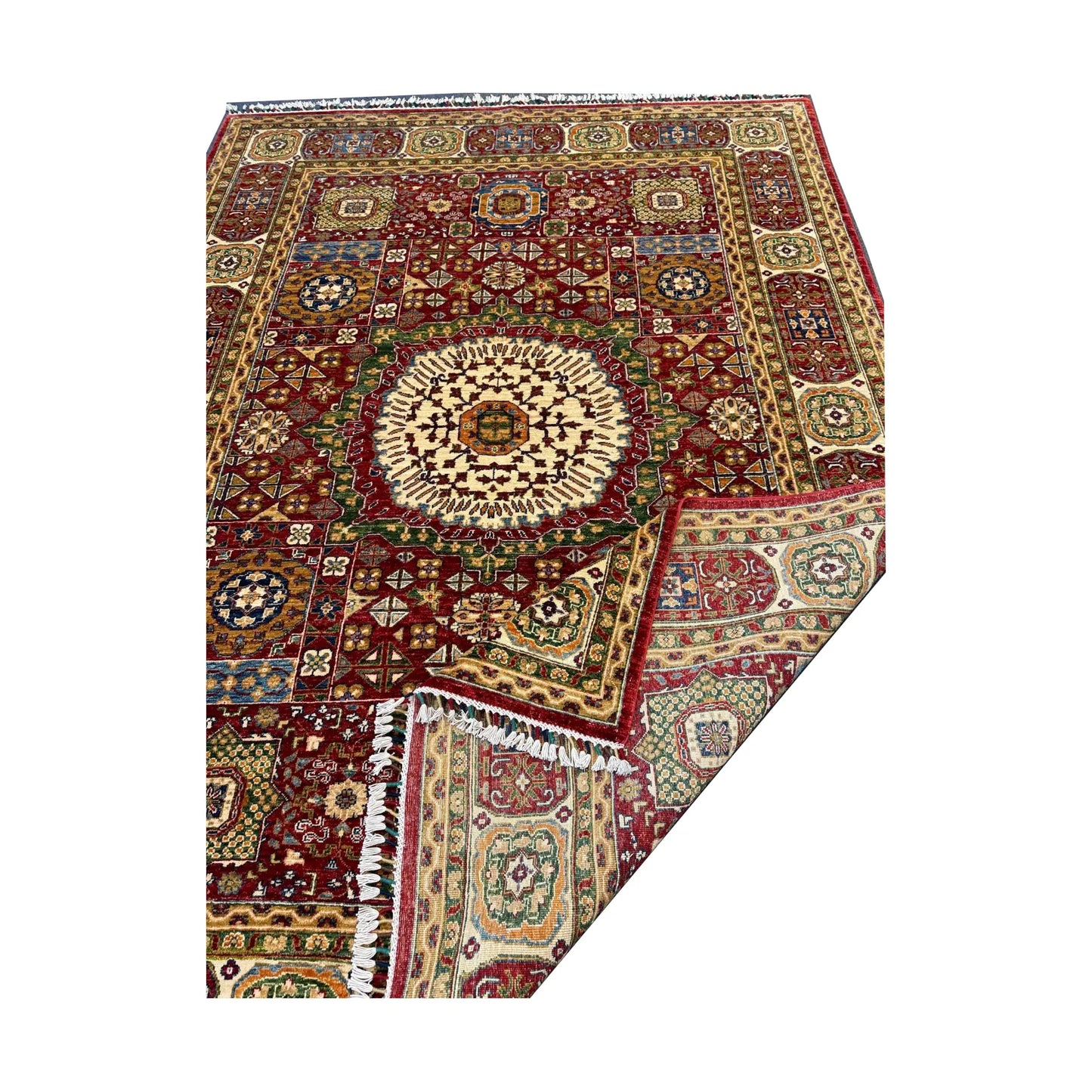Folded-corner detail of Afghan Mamluk wool rug showing handmade structure, 283 x 206 cm