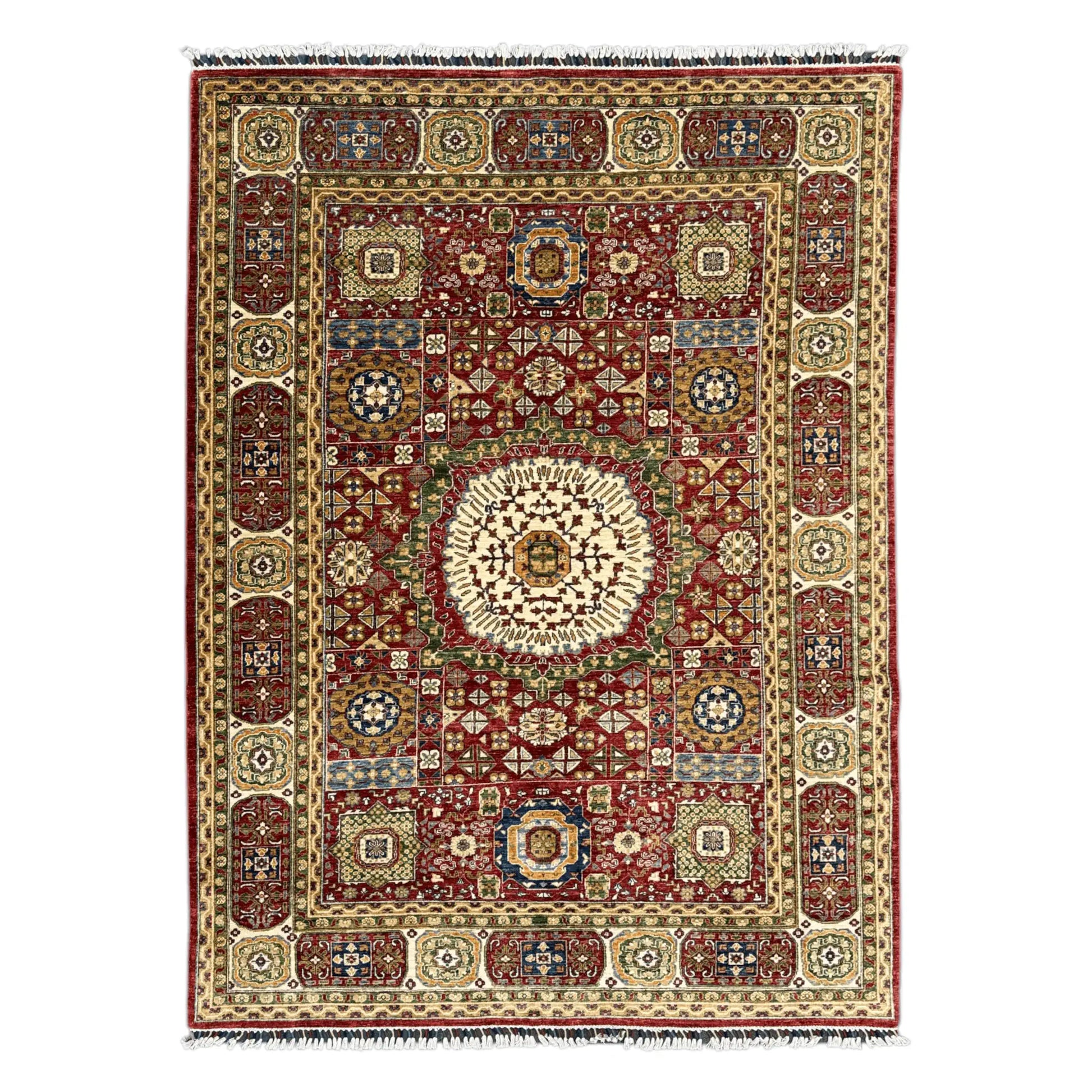 Full view of Afghan Mamluk wool rug with red field and central medallion, 283 x 206 cm