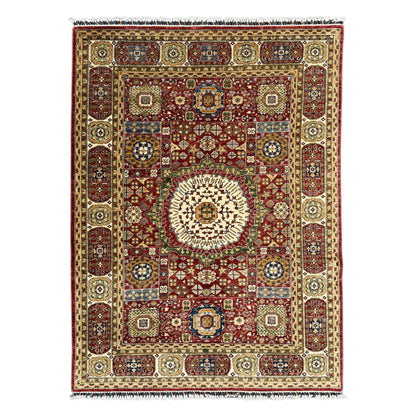 Full view of Afghan Mamluk wool rug with red field and central medallion, 283 x 206 cm