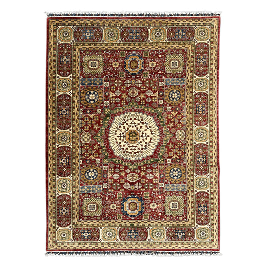 Full view of Afghan Mamluk wool rug with red field and central medallion, 283 x 206 cm