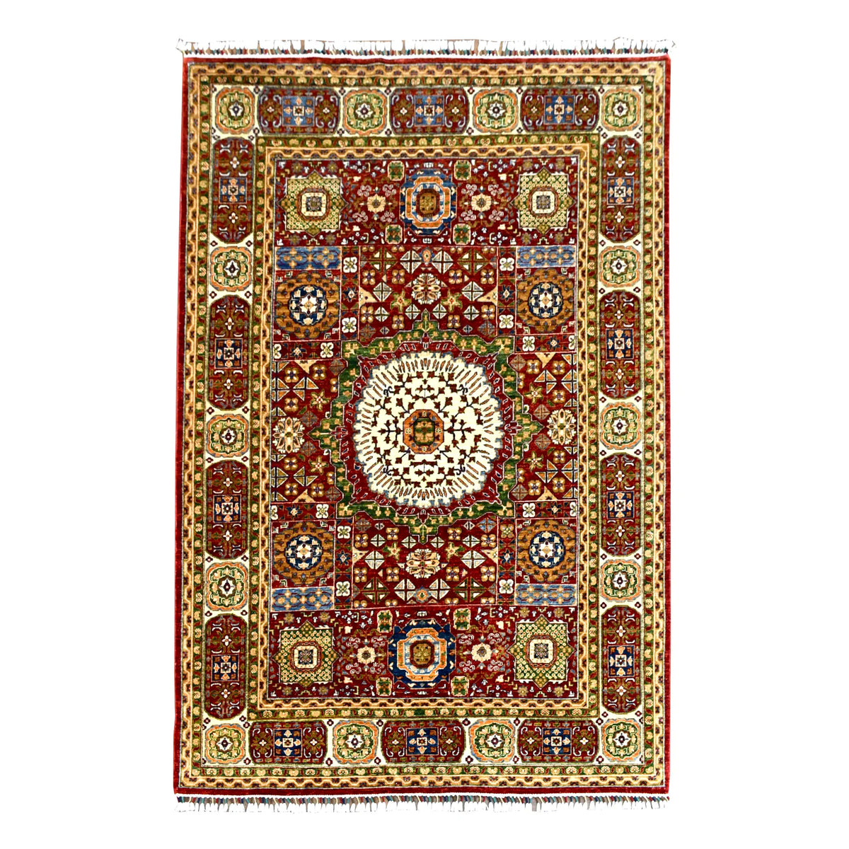 Full view of red Afghan Mamluk rug, 283 x 206 cm, with cream medallion and wide patterned borders.