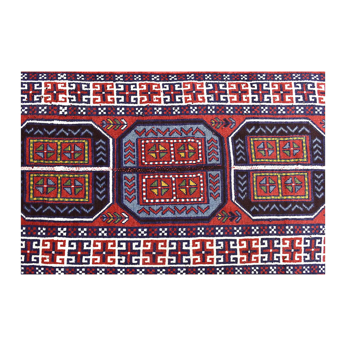 Field detail of Afghan Mashwani rug showing three medallions within red, navy and pale blue geometry