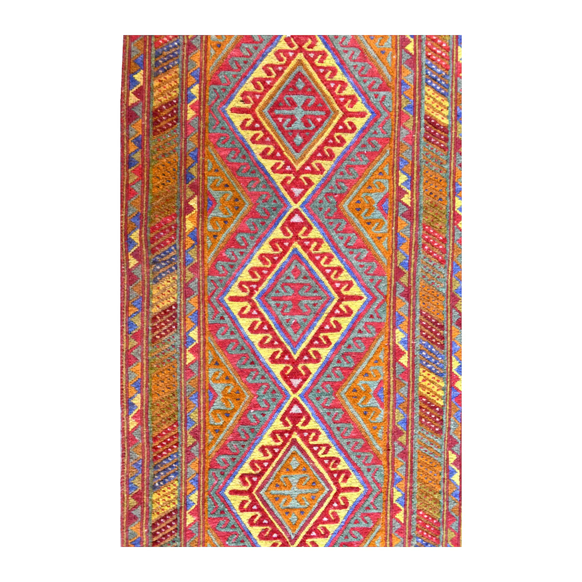 Field detail of Afghan Mashwani wool runner showing repeating diamond medallions in rust, red, mustard, turquoise and blue