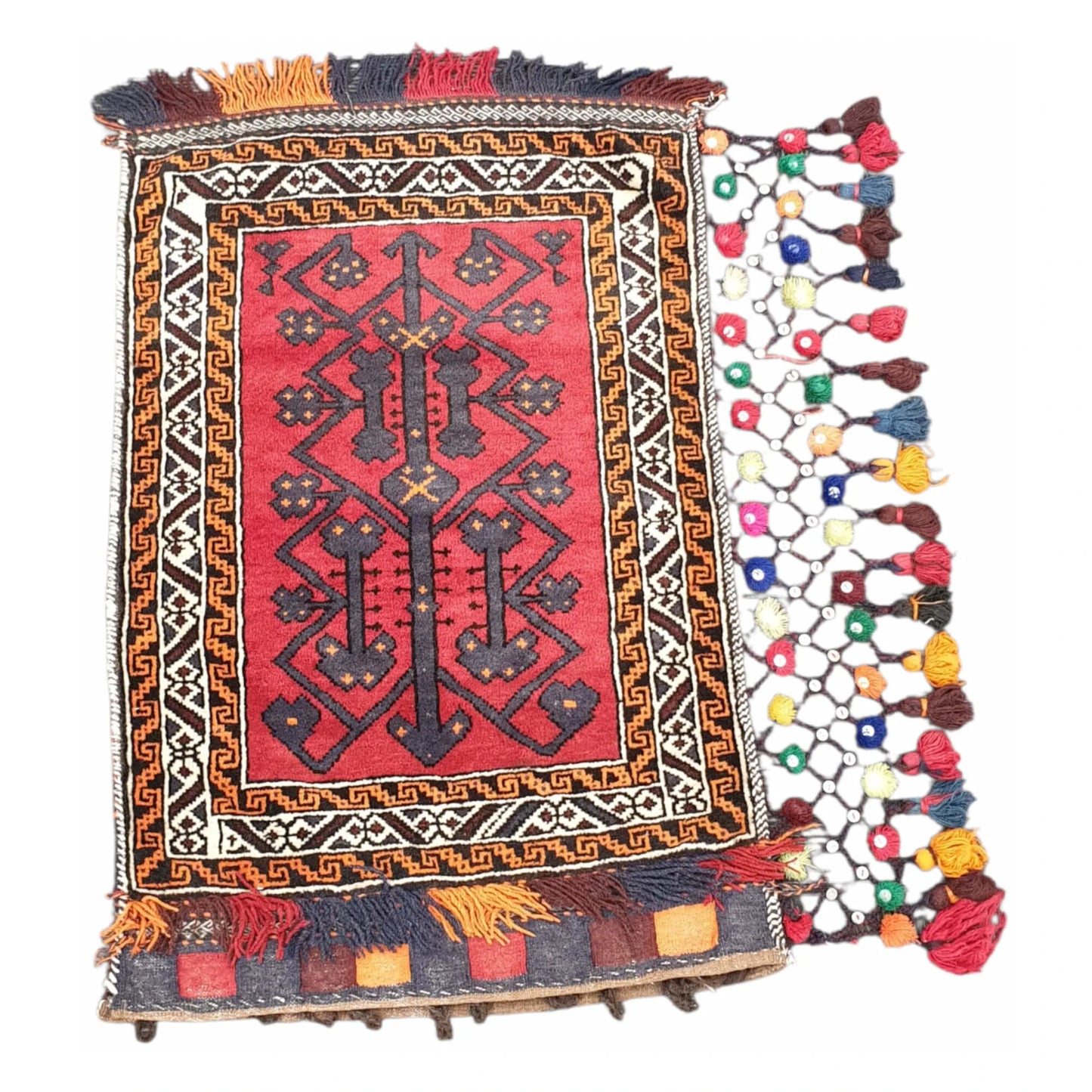 Full view of Afghan Pushti hand-knotted wool pillow cover 90 x 58 cm with colourful tassels