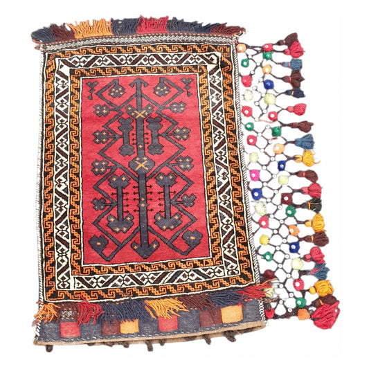 Full view of Afghan Pushti hand-knotted wool pillow cover 90 x 58 cm with colourful tassels