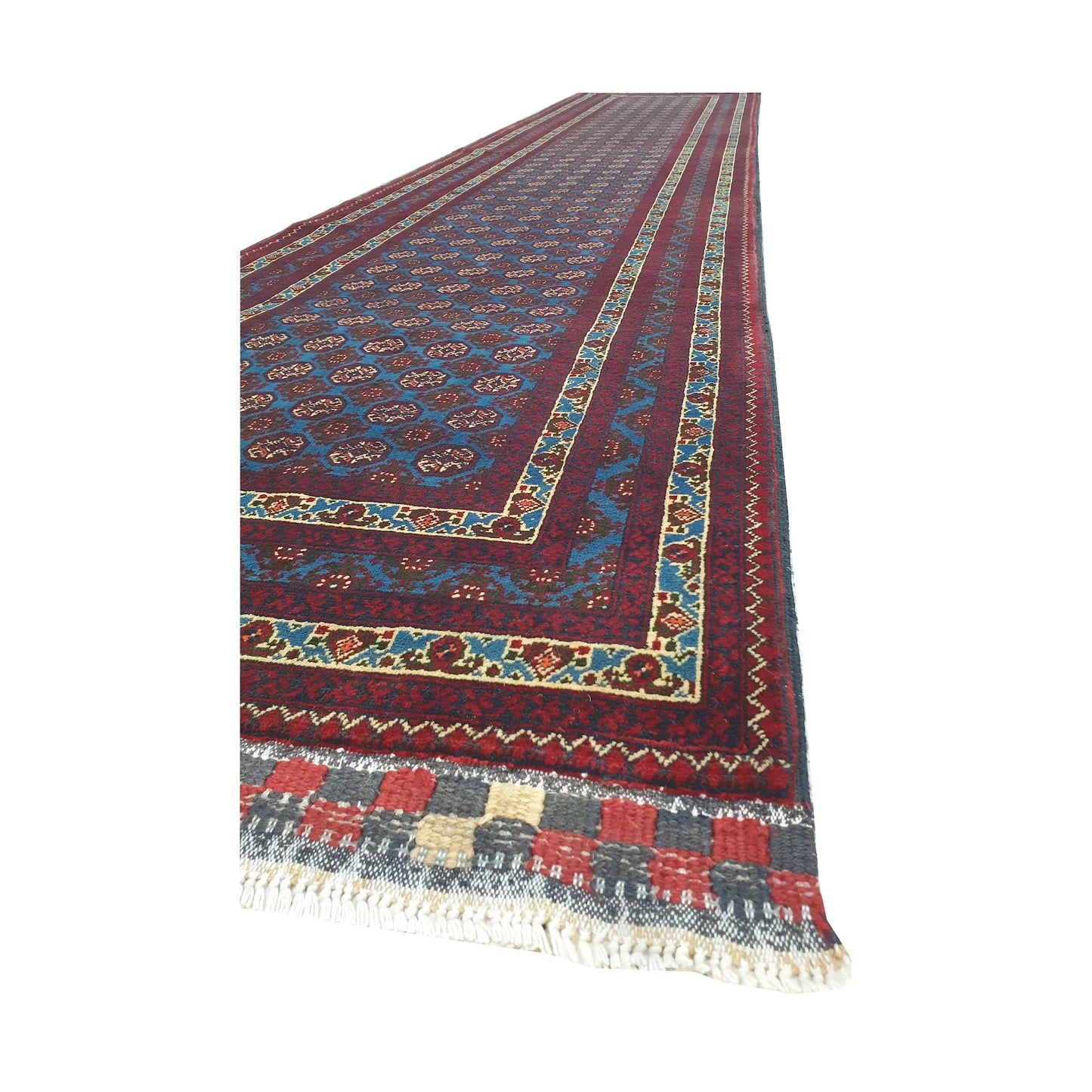 Angled border and fringe detail of Afghan Roshnai runner rug showing blue field, burgundy edging and wool texture