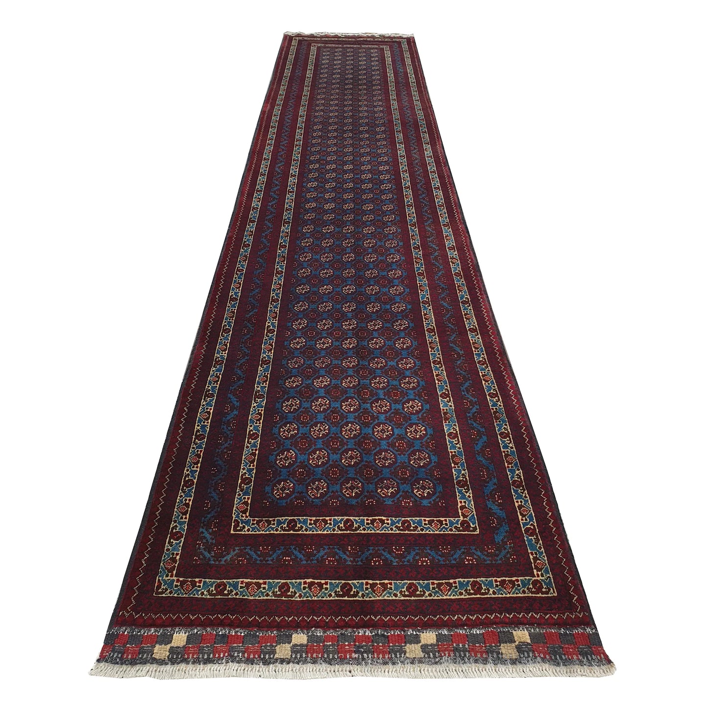 Afghan Roshnai runner rug 394 x 85 cm full view with blue field, burgundy border and repeating tribal medallions