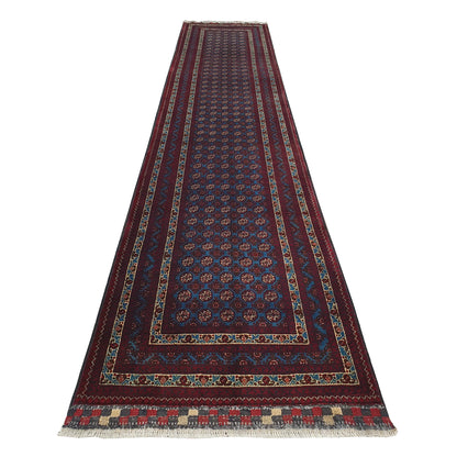 Afghan Roshnai runner rug 394 x 85 cm full view with blue field, burgundy border and repeating tribal medallions
