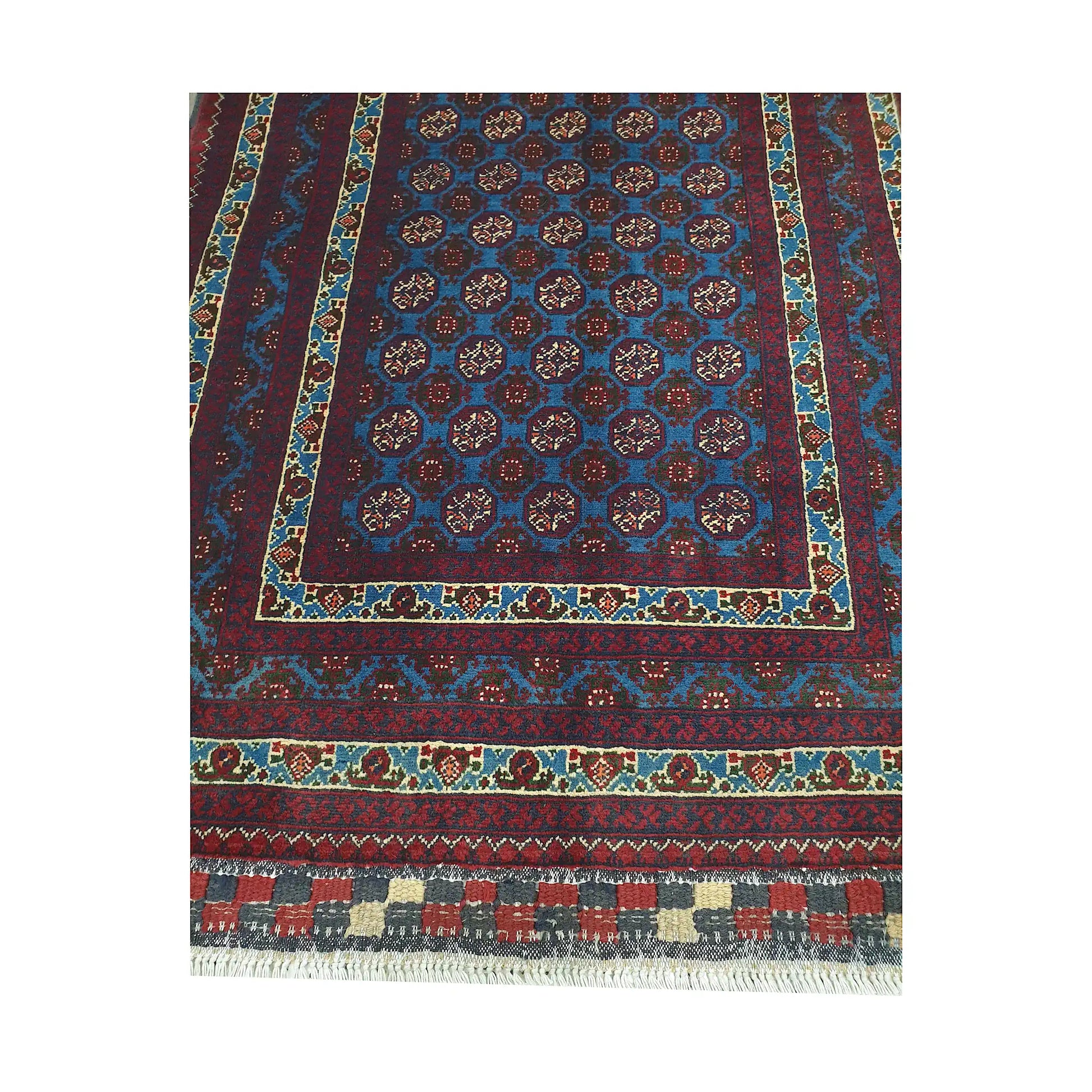 End field and fringe detail of Afghan Roshnai runner rug with blue medallion field and patterned burgundy border