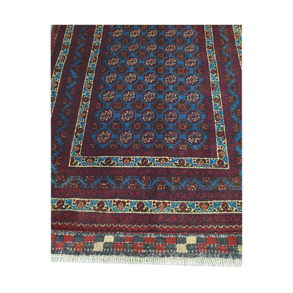 End field and fringe detail of Afghan Roshnai runner rug with blue medallion field and patterned burgundy border