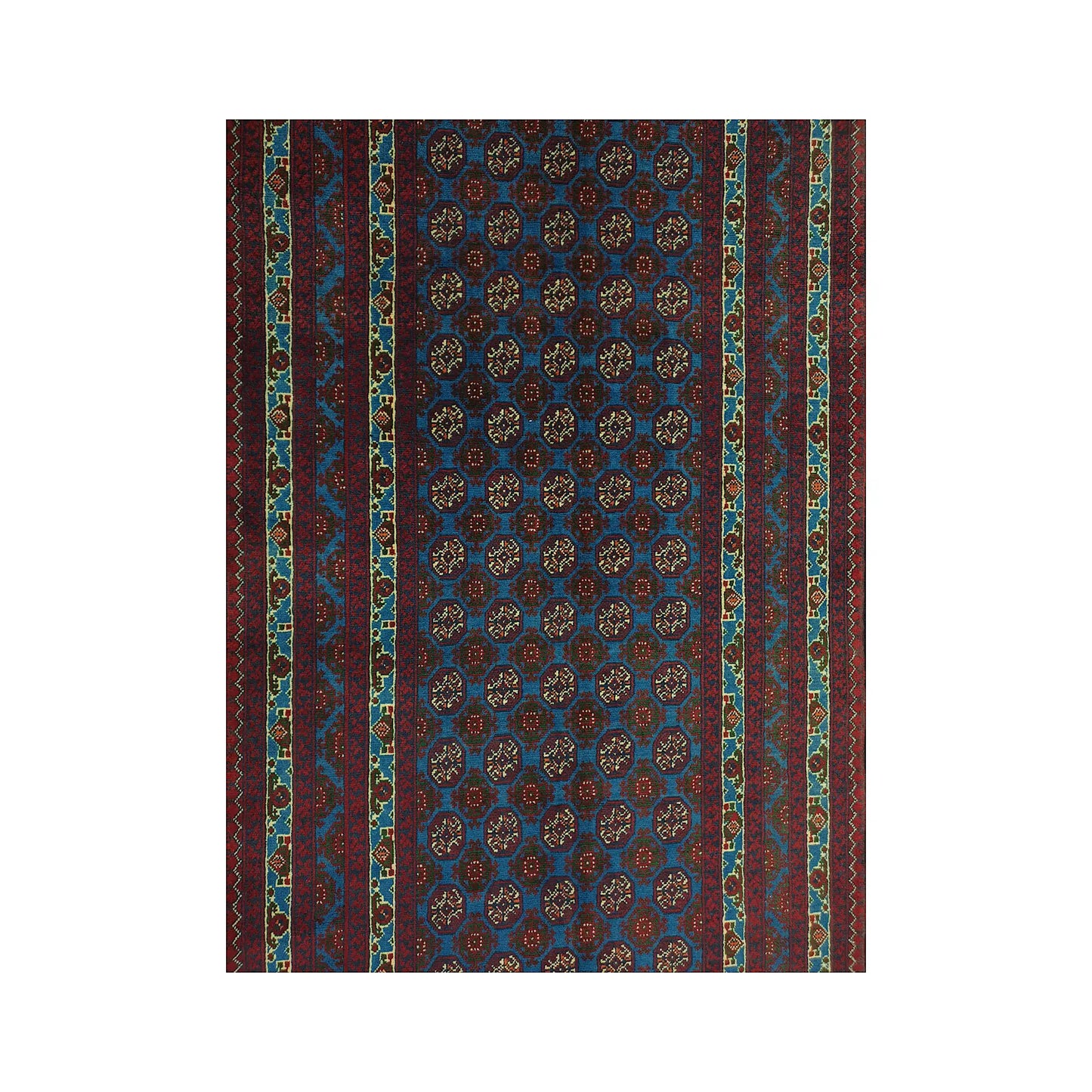 Field and border detail of Afghan Roshnai runner rug with blue ground, layered borders and tribal medallion pattern