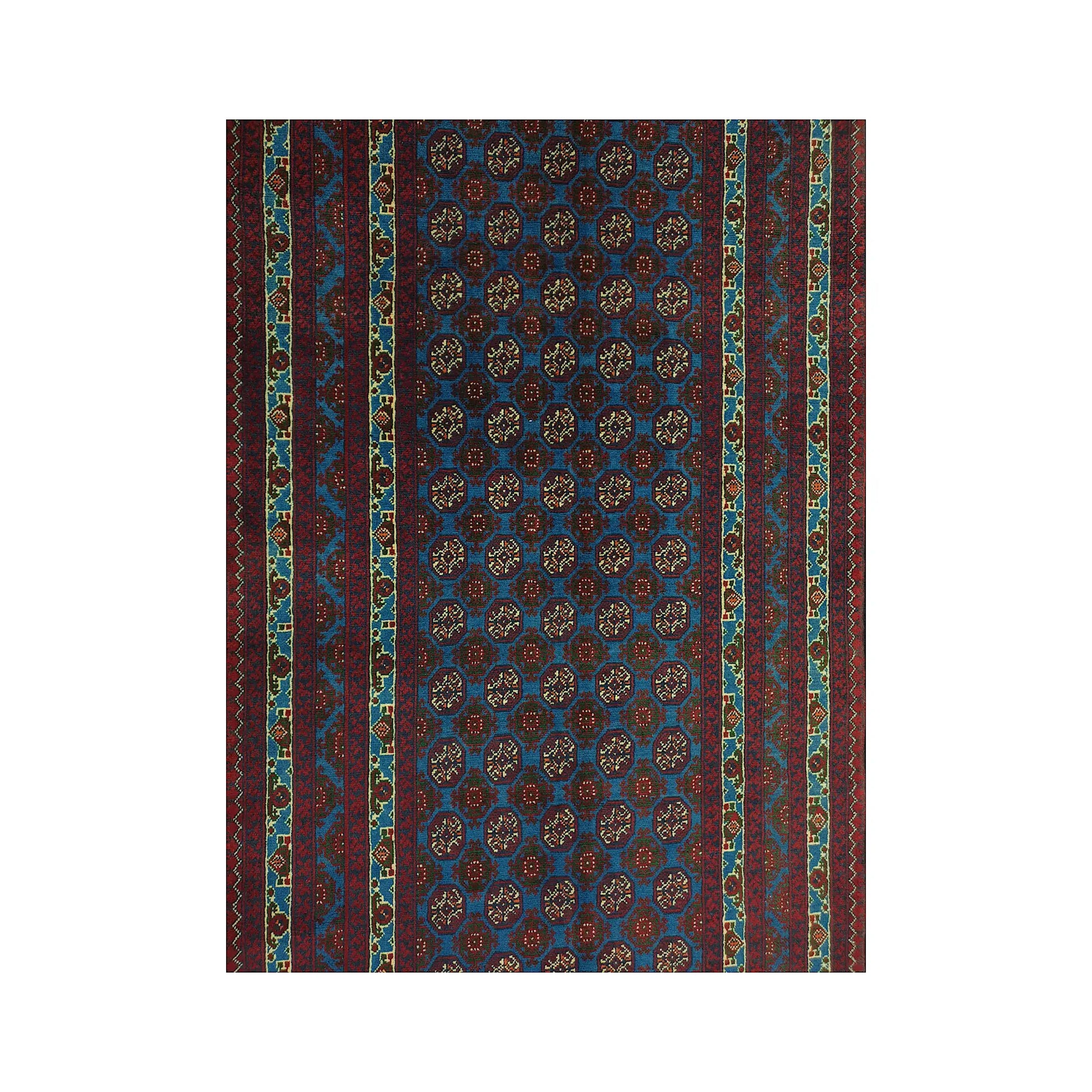 Field and border detail of Afghan Roshnai runner rug with blue ground, layered borders and tribal medallion pattern