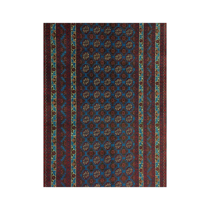 Field and border detail of Afghan Roshnai runner rug with blue ground, layered borders and tribal medallion pattern