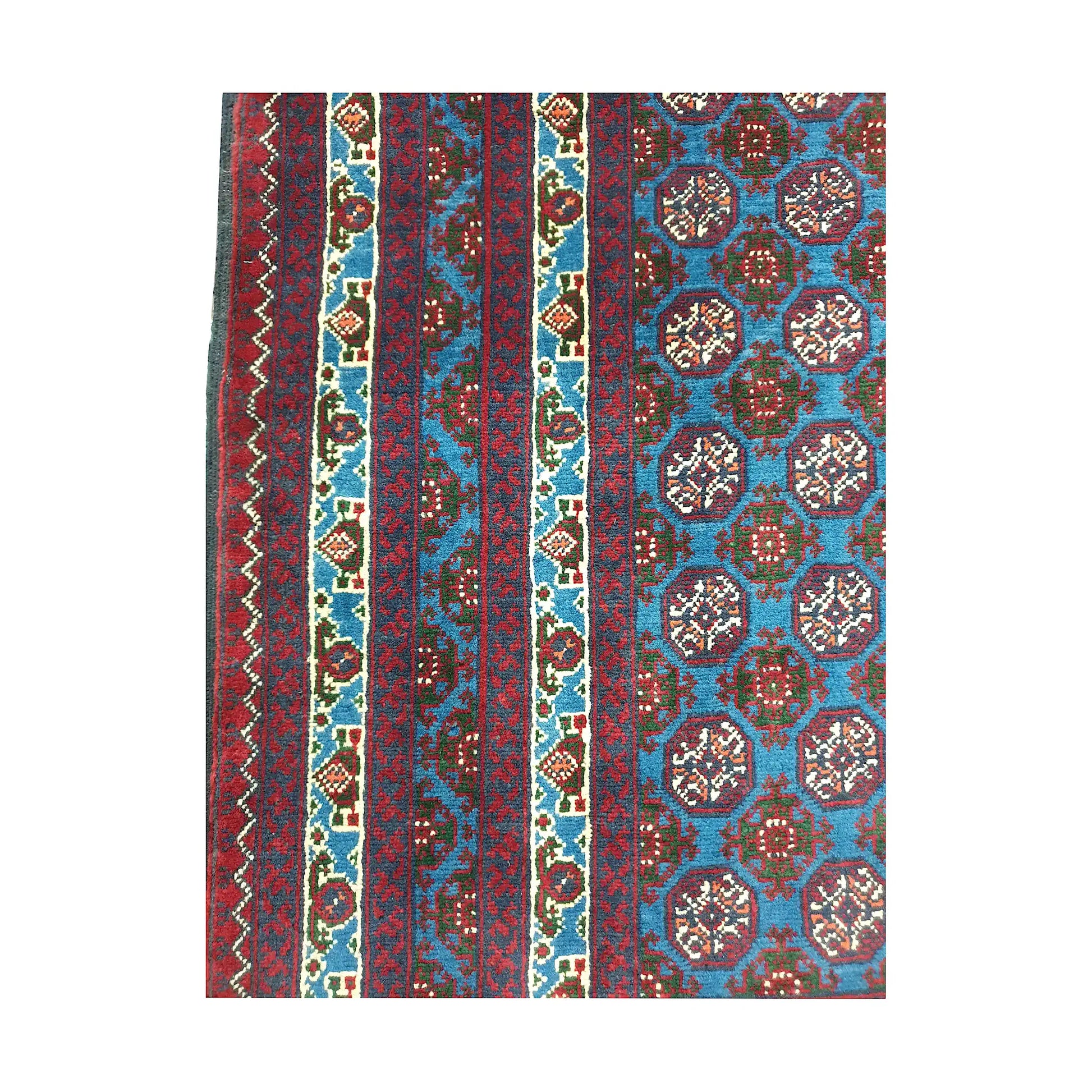 Side border pattern detail of Afghan Roshnai runner rug showing blue field, burgundy border and ivory tribal motifs