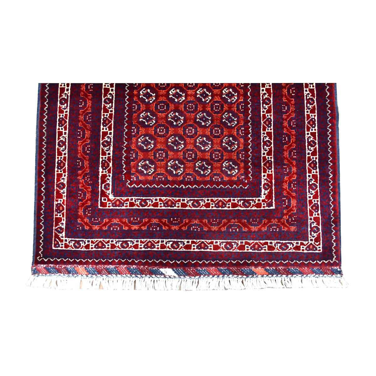 Fringe-end detail of Afghan Roshnai runner showing layered red, navy, purple and ivory geometric borders with white fringe