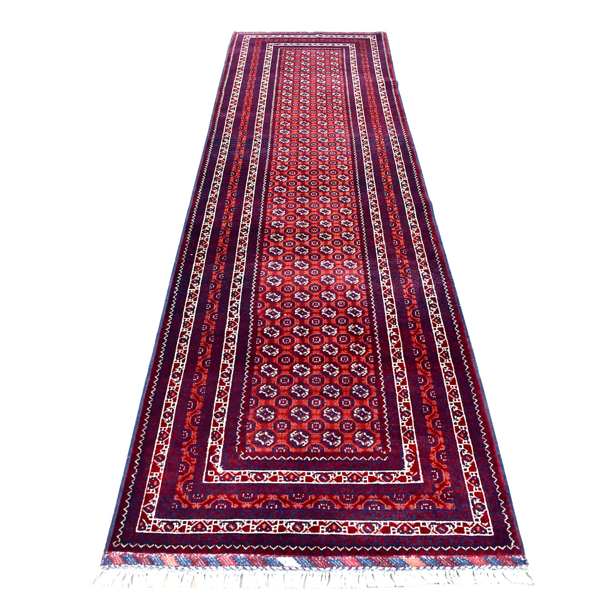 Full view of Afghan Roshnai hand-knotted wool runner with deep red field, small octagonal motifs and layered navy borders, 282 x 84 cm