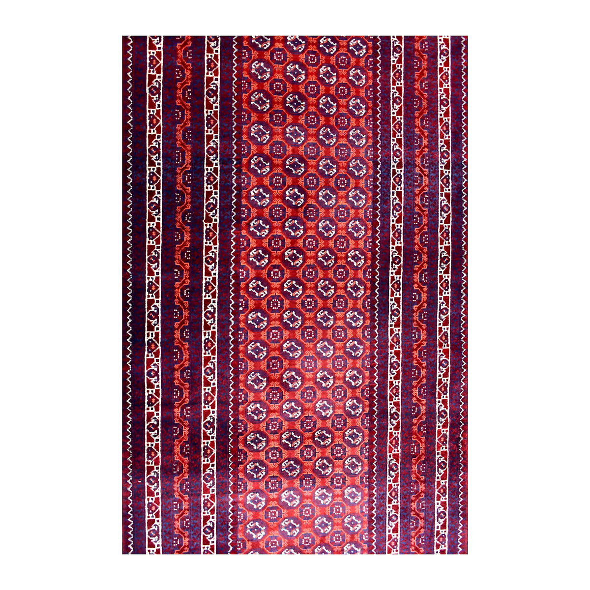 Field detail of Afghan Roshnai wool runner showing rows of small octagonal motifs and purple-accented border bands