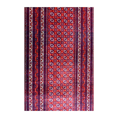 Field detail of Afghan Roshnai wool runner showing rows of small octagonal motifs and purple-accented border bands