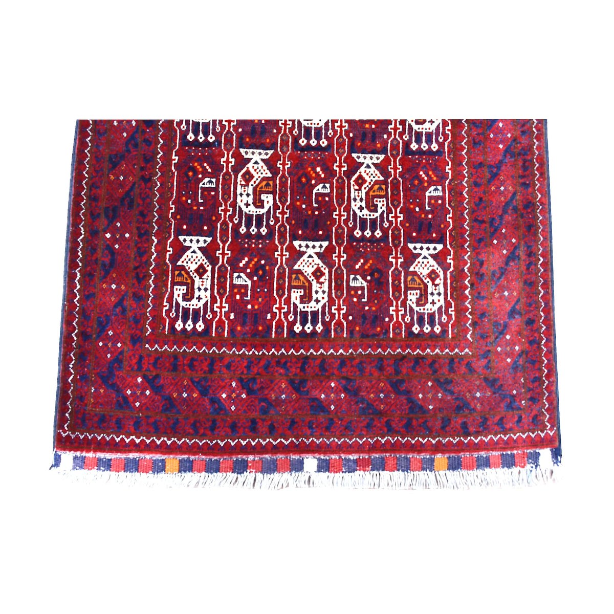 Fringe and end-border detail of Roshnai runner with ivory hooked motifs, burgundy field and layered navy and plum patterning