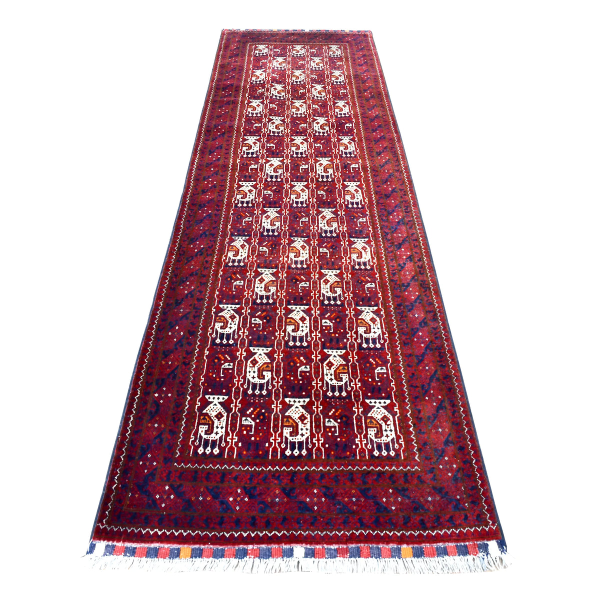Full view of Afghan Roshnai hand-knotted wool runner with burgundy field, ivory hooked motifs and dark layered borders, 290 x 86 cm