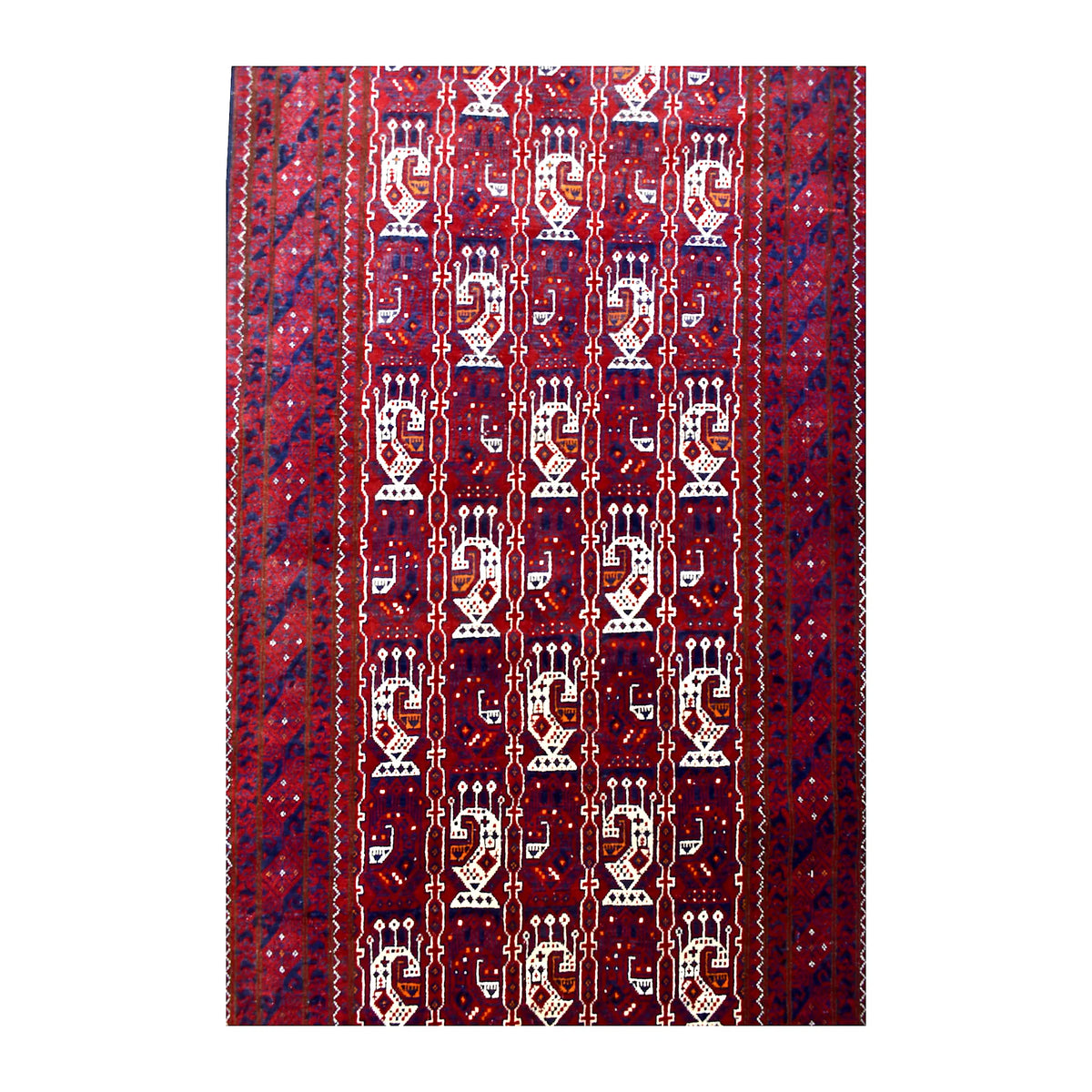 Field detail of Afghan Roshnai runner showing tall ivory hooked motifs arranged in vertical rows across the burgundy field