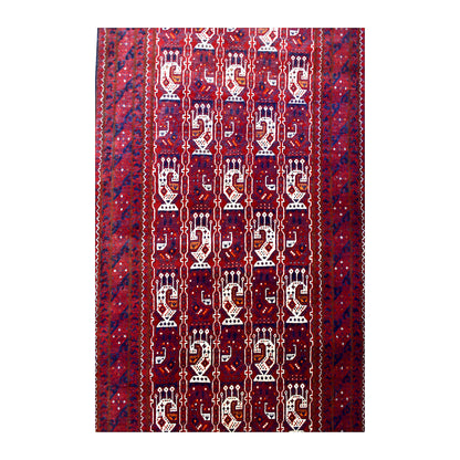 Field detail of Afghan Roshnai runner showing tall ivory hooked motifs arranged in vertical rows across the burgundy field