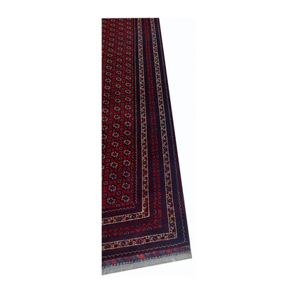 Border and fringe detail of Afghan Roshnai wool runner rug with dark patterned frame, 282 x 84 cm