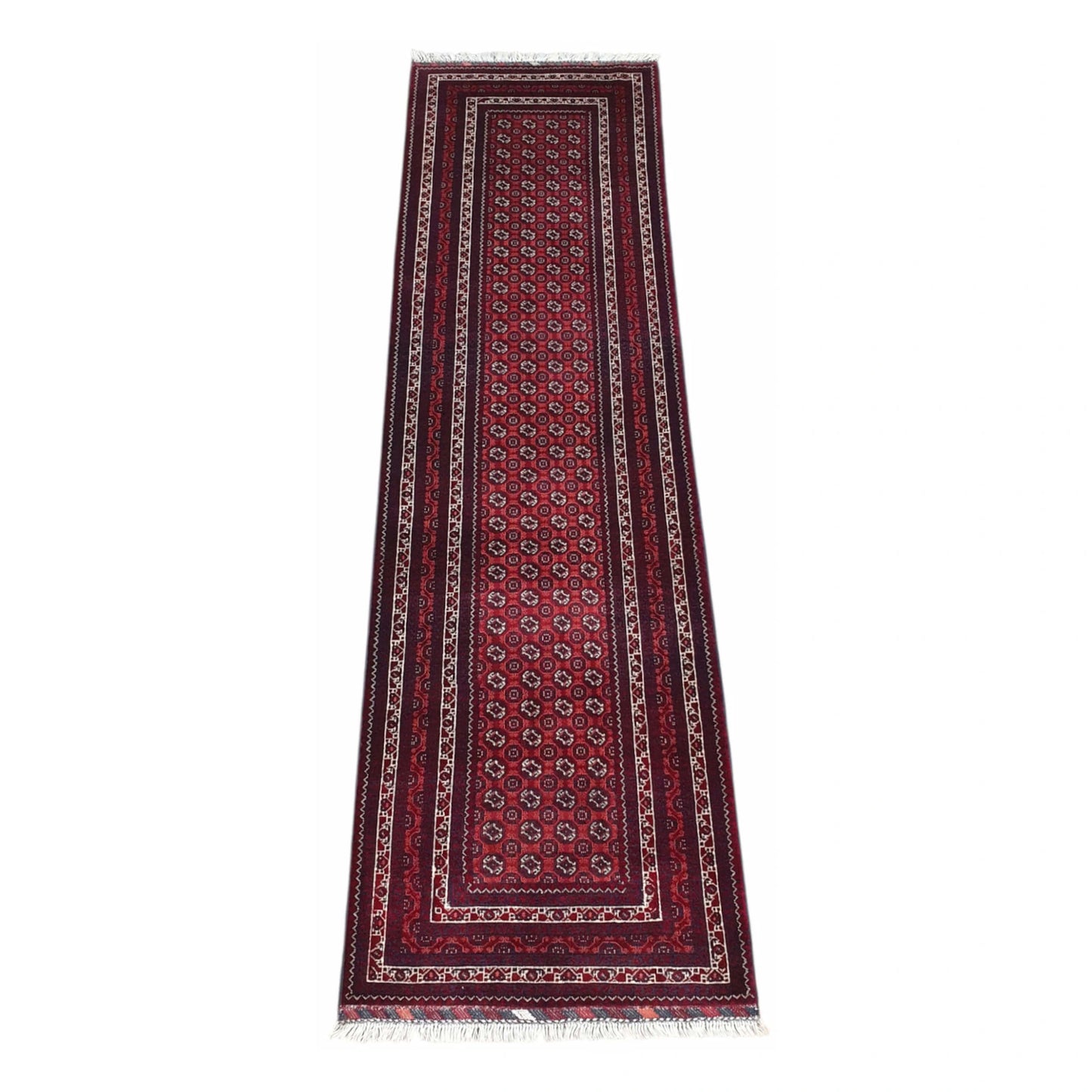 Full view of Afghan Roshnai wool runner rug with deep red field and dark navy borders, 282 x 84 cm