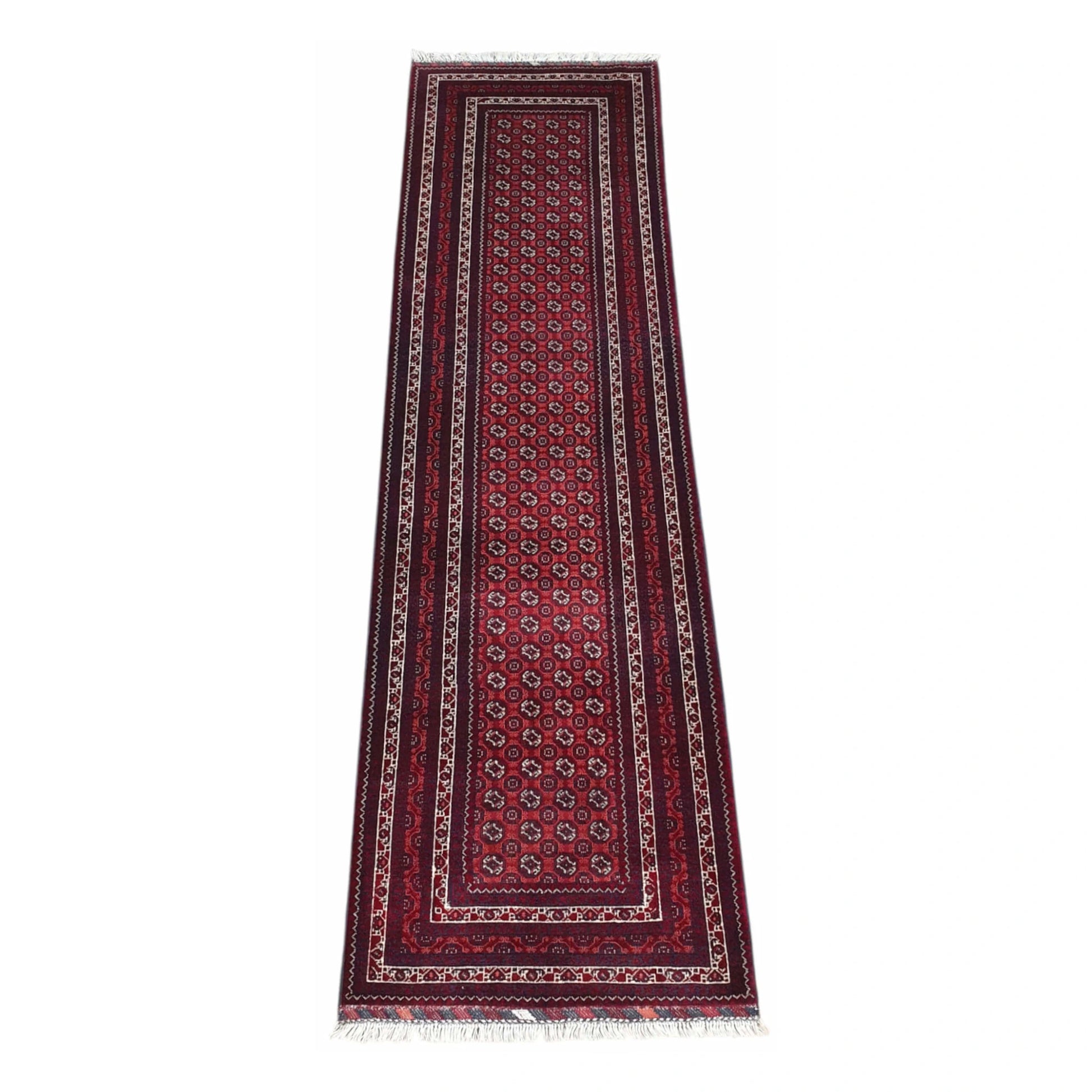 Full view of Afghan Roshnai wool runner rug with deep red field and dark navy borders, 282 x 84 cm