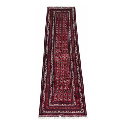 Full view of Afghan Roshnai wool runner rug with deep red field and dark navy borders, 282 x 84 cm